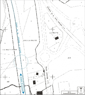Plan-masse et de situation. Extrait du plan cadastral informatisé, 2006, sections AX et AZ, échelle 1:2000. © Région Bourgogne-Franche-Comté, Inventaire du patrimoine