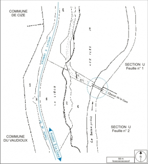 Plan-masse et de situation. Extrait du plan cadastral, 1985, section unique, 5e feuille, échelle 1:1250 réduite à 1:2500. © Région Bourgogne-Franche-Comté, Inventaire du patrimoine