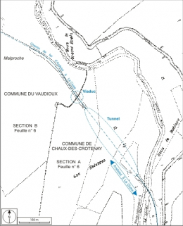 Plan-masse et de situation. Montage d'extraits du plan cadastral, Chaux-des-Crotenay, 1985, section A (6e feuille, 1:2500), et Le Vaudioux, 1985, section B (6e feuille, 1:1250), réduit à l'échelle 1:5000. © Région Bourgogne-Franche-Comté, Inventaire du patrimoine