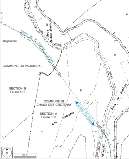 Plan-masse et de situation. Montage d'extraits du plan cadastral, Chaux-des-Crotenay, 1985, section A (6e feuille, 1:2500), et Le Vaudioux, 1985, section B (6e feuille, 1:1250), réduit à l'échelle 1:5000. © Région Bourgogne-Franche-Comté, Inventaire du patrimoine