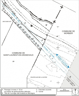 Plan-masse et de situation de la partie côté Andelot-en-Montagne (nord-ouest). Montage d'extraits du plan cadastral informatisé, 2006, Morbier, section BR (1:2000), et Saint-Laurent-en-Grandvaux, section AR (1:5000), échelle 1:2500. © Région Bourgogne-Franche-Comté, Inventaire du patrimoine