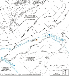 Plan-masse et de situation. Montage d'extraits du plan cadastral, Bellefontaine, 1983, section AM (1:2000), et Morbier, 2006, section AN, échelle 1:3000. © Région Bourgogne-Franche-Comté, Inventaire du patrimoine