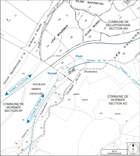 Plan-masse et de situation. Montage d'extraits du plan cadastral, Bellefontaine, 1983, section AM (1:2000), et Morbier, 2006, sections AN, AO et AP, échelle 1:3000. © Région Bourgogne-Franche-Comté, Inventaire du patrimoine