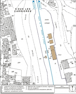Plan-masse de la partie nord (gare des voyageurs). Extrait du plan cadastral, 1980, section AD, échelle 1:1000, complété d'après un plan numérique de la SNCF (1999) et le terrain. © Région Bourgogne-Franche-Comté, Inventaire du patrimoine Plan-masse de la partie nord (gare des voyageurs). Extrait du plan cadastral, 1980, section AD, échelle 1:1000, complété d'après un plan numérique de la SNCF (1999) et le terrain. © Région Bourgogne-Franche-Comté, Inventaire du patrimoine