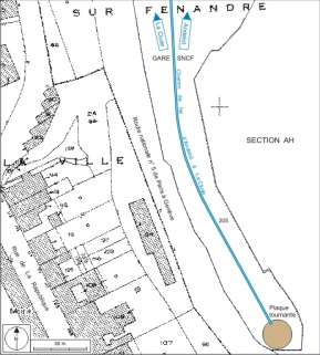 Plan-masse et de situation. Extrait du plan cadastral, 1980, section AE, échelle 1:1000, complété d'après un plan numérique de la SNCF (1999) et le terrain. © Région Bourgogne-Franche-Comté, Inventaire du patrimoine Plan-masse et de situation. Extrait du plan cadastral, 1980, section AE, échelle 1:1000, complété d'après un plan numérique de la SNCF (1999) et le terrain. © Région Bourgogne-Franche-Comté, Inventaire du patrimoine