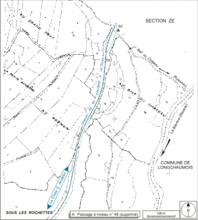 Plan-masse et de situation. Montage d'extraits du plan cadastral, 1985, sections ZE et ZH, échelle 1:2000 réduite à 1:4000. © Région Bourgogne-Franche-Comté, Inventaire du patrimoine Plan-masse et de situation. Montage d'extraits du plan cadastral, 1985, sections ZE et ZH, échelle 1:2000 réduite à 1:4000. © Région Bourgogne-Franche-Comté, Inventaire du patrimoine