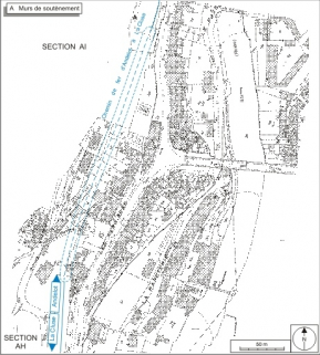 Plan-masse et de situation. Extrait du plan cadastral, 1980, sections AH et AM, échelle 1:1000 réduite à 1:2000. © Région Bourgogne-Franche-Comté, Inventaire du patrimoine