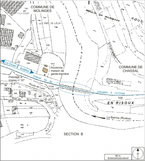 Plan-masse et de situation. Montage d'extraits du plan cadastral informatisé, 2006, Chassal, section D, et Molinges, section A (2e feuille), échelle 1:1250 réduite à 1:2000. © Région Bourgogne-Franche-Comté, Inventaire du patrimoine
