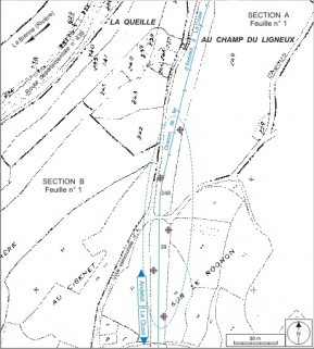 Plan-masse et de situation. Montage d'extraits du plan cadastral informatisé, 2006, sections A (1:2500) et B (1:1250), échelle 1:2000. © Région Bourgogne-Franche-Comté, Inventaire du patrimoine