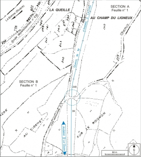 Plan-masse et de situation. Montage d'extraits du plan cadastral informatisé, 2006, sections A (1:2500) et B (1:1250), échelle 1:2000. © Région Bourgogne-Franche-Comté, Inventaire du patrimoine
