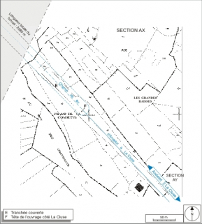 Plan-masse et de situation de la partie côté La Cluse (sud-est). Extrait du plan cadastral informatisé, 2007, section AX, échelle 1:2500. © Région Bourgogne-Franche-Comté, Inventaire du patrimoine