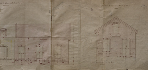 Gare de Champagnole. Agrandissement de la gare en vue de l'arrivée de la ligne de Lons-le-Saunier à Champagnole. Allongement du bâtiment des voyageurs. Elévations [détail de la partie droite], 1889. © Région Bourgogne-Franche-Comté, Inventaire du patrimoine