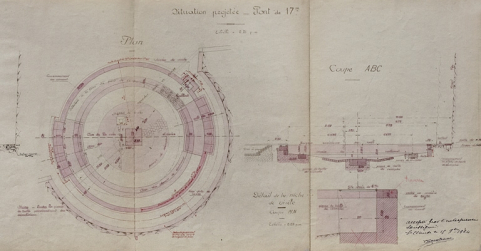 Gare de St Claude. Remplacement du pont tournant de 14 m par un pont de 17 m. Dessin d'exécution [plan et coupe de la maçonnerie], 1924. © Région Bourgogne-Franche-Comté, Inventaire du patrimoine
