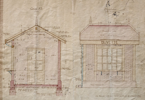 Gare de St Claude. Construction d'un " kiosque-buvette " [détail : coupe et élévation], 1927. © Région Bourgogne-Franche-Comté, Inventaire du patrimoine