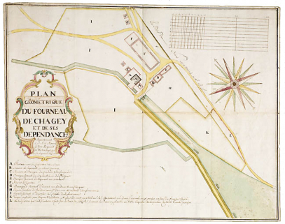 [Plan géométrique du fourneau de Chagey et de ses dépendances], s.d. [2e moitié 18e siècle]. © Région Bourgogne-Franche-Comté, Inventaire du patrimoine