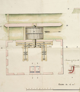 Détail du plan des coupes : la roue. © Région Bourgogne-Franche-Comté, Inventaire du patrimoine