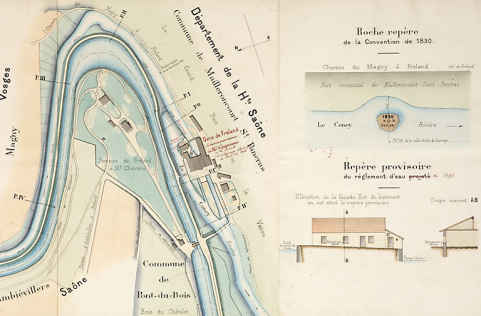 Règlement du barrage de l'usine de Freland appartenant à M. Paul Chavanne, manufacturier [plan-masse et de situation]. © Région Bourgogne-Franche-Comté, Inventaire du patrimoine