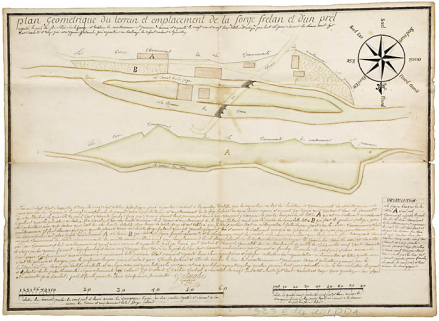 Plan geometrique du terrein et emplacement de la forge de Frelan et d'un prel. © Région Bourgogne-Franche-Comté, Inventaire du patrimoine