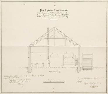 Plan à joindre à une demande en permission pour l'établissement d'usine à fer dans la commune d'Aillevillers par le sieur Bouly, maître de forge demeurant à Saint-Loup [coupe transversale]. © Région Bourgogne-Franche-Comté, Inventaire du patrimoine