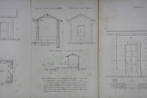 Bâtiment des voyageurs. Annexes. Type de la Cie de Paris - Lyon - Méditerranée. C 17 [abri : coupes et élévation latérale], 1880. © Région Bourgogne-Franche-Comté, Inventaire du patrimoine