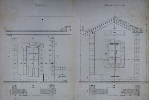 Bâtiment des voyageurs. Annexes. Type de la Cie de Paris - Lyon - Méditerranée. C 17 [abri : détail de l'élévation antérieure et élévation latérale], 1880. © Région Bourgogne-Franche-Comté, Inventaire du patrimoine
