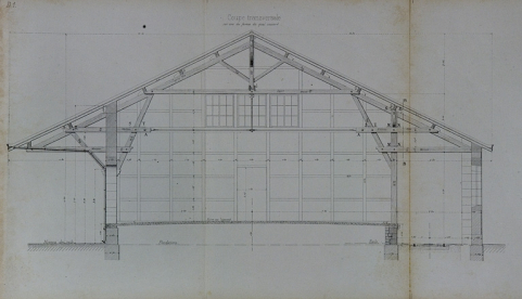 Halle à marchandises de 15 m de largeur. Type de la Cie de Paris Lyon - Méditerranée. D 1. Coupe transversale, 1880. © Région Bourgogne-Franche-Comté, Inventaire du patrimoine