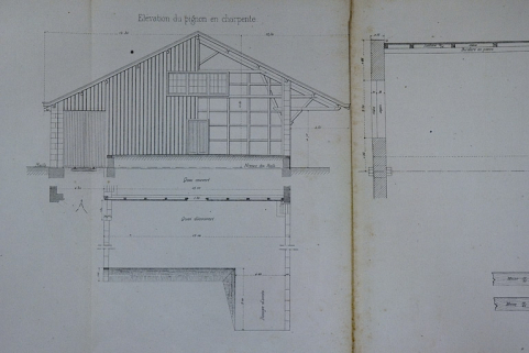 Halle à marchandises de 15 m de largeur. Type de la Cie de Paris Lyon - Méditerranée. D 1 [mur pignon : plan, coupe et élévation], 1880. © Région Bourgogne-Franche-Comté, Inventaire du patrimoine