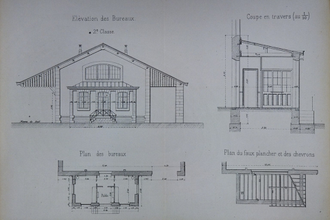 Halle à marchandises de 12 mètres de largeur avec bureau de la petite vitesse. Type de la Cie de Paris - Lyon - Méditerranée. D 2 [bureau : plan, coupe et élévation], 1880. © Région Bourgogne-Franche-Comté, Inventaire du patrimoine