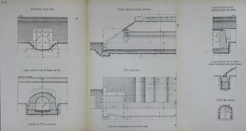 Aqueduc voûté de 1 m 50 d'ouverture. Type de la Cie Paris - Lyon Méditerranée. B 8 [plan, coupes et élévation], 1879. © Région Bourgogne-Franche-Comté, Inventaire du patrimoine