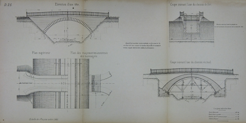 Pont sur rails à culées perdues de 12 m d'ouverture. Type de la Compagnie de Paris - Lyon - Méditerranée. D 25 [plan, coupes et élévation], 1879. © Région Bourgogne-Franche-Comté, Inventaire du patrimoine