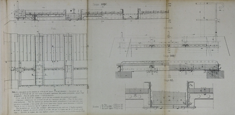 Pont sous rails à tablier métallique de 2 m d'ouverture. Type de la Compagnie de Paris - Lyon - Méditerranée. E 30 [détails du tablier : plan, coupes et élévation], 1879. © Région Bourgogne-Franche-Comté, Inventaire du patrimoine