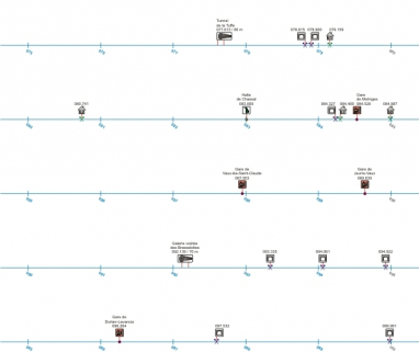 Schéma de la ligne, du PK 075.000 au PK 100.000. Le point kilométrique d'origine se trouve en gare d'Andelot-en-Montagne (PK 000.000), celui d'arrivée en gare de Montréal-La Cluse (PK 116.350). © Région Bourgogne-Franche-Comté, Inventaire du patrimoine Schéma de la ligne, du PK 075.000 au PK 100.000. Le point kilométrique d'origine se trouve en gare d'Andelot-en-Montagne (PK 000.000), celui d'arrivée en gare de Montréal-La Cluse (PK 116.350). © Région Bourgogne-Franche-Comté, Inventaire du patrimoine
