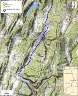Carte et schéma de localisation des tunnels : d'Arbent à Montréal-La Cluse. Carte topographique, IGN, 2000, dalles F084-052, F084-053, F084-054, F085-052, F085-053, F085-054, F086-052, F086-053 et F086-054, échelle 1:110 000. Scan 25, licence n° 200… © Région Bourgogne-Franche-Comté, Inventaire du patrimoine