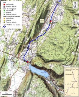 Carte et schéma de localisation des ouvrages : de Martignat à Montréal-La Cluse. Carte topographique, IGN, 2000, dalles F084-053, F085-053, F084-054 et F085-054, échelle 1:48 000. Scan 25, licence n° 2008/CISE/2968. © Région Bourgogne-Franche-Comté, Inventaire du patrimoine