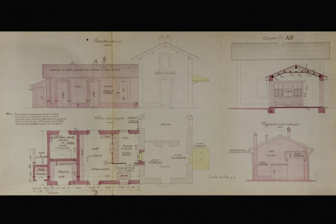 Halte de Vaux-les-St-Claude. Transformation de la halte en station. Plans, élévations et coupe (état actuel et projeté), 1925. © Région Bourgogne-Franche-Comté, Inventaire du patrimoine