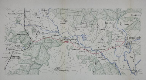 Compagnie des chemins de fer de Paris à Lyon et à la Méditerranée. Embranchement d'Andelot à Champagnole. Carte générale indiquant les stations projetées, 1864. © Région Bourgogne-Franche-Comté, Inventaire du patrimoine Compagnie des chemins de fer de Paris à Lyon et à la Méditerranée. Embranchement d'Andelot à Champagnole. Carte générale indiquant les stations projetées, 1864. © Région Bourgogne-Franche-Comté, Inventaire du patrimoine