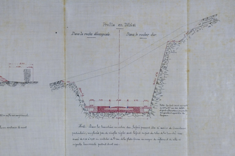 Section de Tancua à St Claude [...] Avant-Projet. Profils en travers types. Profil en déblai [dans le rocher], 1882. © Région Bourgogne-Franche-Comté, Inventaire du patrimoine