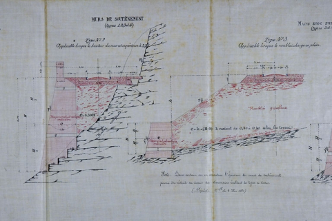 Section de Tancua à St Claude [...] Avant-Projet. Profils en travers types. Murs de soutènement. Murs sans surcharge. Type n° 2 [et] Murs avec surcharge. Type n° 3, 1882. © Région Bourgogne-Franche-Comté, Inventaire du patrimoine