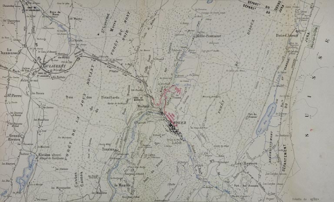 Ligne de Champagnole à Morez. Section de Morbier à Morez. Enquête des gares et stations. Carte générale indiquant la gare projetée [projet définitif], 1893. © Région Bourgogne-Franche-Comté, Inventaire du patrimoine