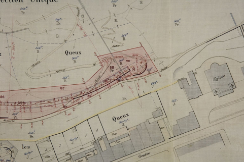 Plan parcellaire des terrains à acquérir dans la traversée de la commune de Morez sur une longueur de 1323,50 m [détail du pont tournant], 1894. © Région Bourgogne-Franche-Comté, Inventaire du patrimoine