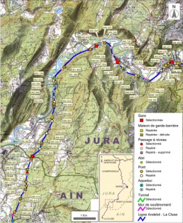 Carte et schéma de localisation des ouvrages : de Molinges à Arbent. Carte topographique, IGN, 2000, dalles F085-052 et F086-052, échelle 1:48 000. Scan 25, licence n° 2008/CISE/2968. © Région Bourgogne-Franche-Comté, Inventaire du patrimoine