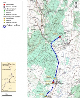 Carte et schéma de localisation des ouvrages : d'Andelot-en-Montagne à Vers-en-Montagne. Carte topographique, IGN, 2000, dalle F087-046, échelle 1:48 000. Scan 25, licence n° 2008/CISE/2968. © Région Bourgogne-Franche-Comté, Inventaire du patrimoine