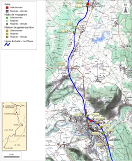 Carte et schéma de localisation des ouvrages : de Vers-en-Montagne à Champagnole. Carte topographique, IGN, 2000, dalle F087-047, échelle 1:48 000. Scan 25, licence n° 2008/CISE/2968. © Région Bourgogne-Franche-Comté, Inventaire du patrimoine