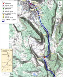 Carte et schéma de localisation des ouvrages : de Champagnole à Chaux-des-Crotenay. Carte topographique, IGN, 2000, dalles F087-047 et F087-048, échelle 1:48 000. Scan 25, licence n° 2008/CISE/2968. © Région Bourgogne-Franche-Comté, Inventaire du patrimoine