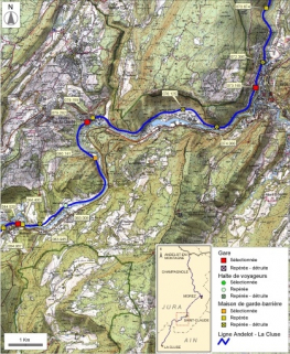 Carte et schéma de localisation des ouvrages : de Saint-Claude à Molinges. Carte topographique, IGN, 2000, dalles F086-051, F086-052, F087-051 et F087-052, échelle 1:48 000. Scan 25, licence n° 2008/CISE/2968. © Région Bourgogne-Franche-Comté, Inventaire du patrimoine
