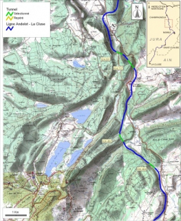 Carte et schéma de localisation des tunnels : du Vaudioux à La Chaumusse. Carte topographique, IGN, 2000, dalles F087-048 et F087-049, échelle 1:48 000. Scan 25, licence n° 2008/CISE/2968. © Région Bourgogne-Franche-Comté, Inventaire du patrimoine