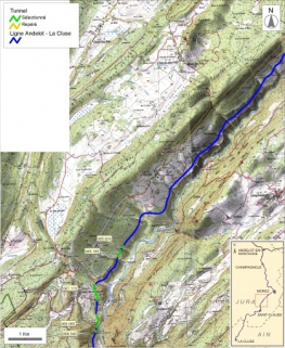 Carte et schéma de localisation des tunnels : de Villard-sur-Bienne à Valfin-lès-Saint-Claude. Carte topographique, IGN, 2000, dalles F087-050 et F087-051, échelle 1:48 000. Scan 25, licence n° 2008/CISE/2968. © Région Bourgogne-Franche-Comté, Inventaire du patrimoine