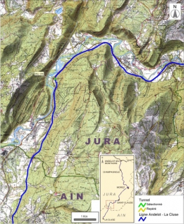 Carte et schéma de localisation des tunnels : de Molinges à Arbent. Carte topographique, IGN, 2000, dalles F085-052 et F086-052, échelle 1:48 000. Scan 25, licence n° 2008/CISE/2968. © Région Bourgogne-Franche-Comté, Inventaire du patrimoine