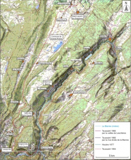 Projets de voie ferrée entre Saint-Claude et Saint-Laurent ou Morez (1866-1884). Carte topographique, IGN, 2000, dalles F087-050 et F088-050, échelle 1:25 000 réduite à 1:112 500. Scan 25, licence n° 2008/CISE/2968. © Région Bourgogne-Franche-Comté, Inventaire du patrimoine Projets de voie ferrée entre Saint-Claude et Saint-Laurent ou Morez (1866-1884). Carte topographique, IGN, 2000, dalles F087-050 et F088-050, échelle 1:25 000 réduite à 1:112 500. Scan 25, licence n° 2008/CISE/2968. © Région Bourgogne-Franche-Comté, Inventaire du patrimoine