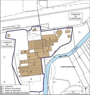 Plan-masse et de situation. Montage d'extraits de plans cadastraux numérisés, 2008, Ronchamp, section AH, 1:1000 et Champagney, section AB, 1:2000, l'ensemble réduit à 1:2000. Source : Direction générale des Finances Publiques - Cadastre ; mise à jo… © Région Bourgogne-Franche-Comté, Inventaire du patrimoine Plan-masse et de situation. Montage d'extraits de plans cadastraux numérisés, 2008, Ronchamp, section AH, 1:1000 et Champagney, section AB, 1:2000, l'ensemble réduit à 1:2000. Source : Direction générale des Finances Publiques - Cadastre ; mise à jo… © Région Bourgogne-Franche-Comté, Inventaire du patrimoine